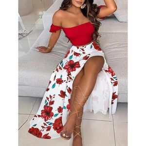 Boho 2 Pieces Set Off Shoulder Smocked Tube Top & High Waist Split Thigh Skirts